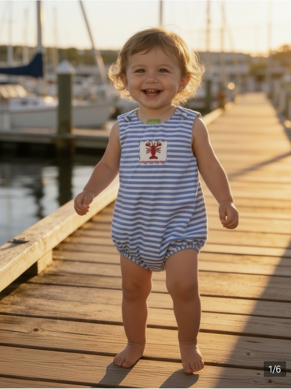 Classic Whimsy 2T Blue & White Striped Kids Romper w Hand Smocked Red Crab Motif
